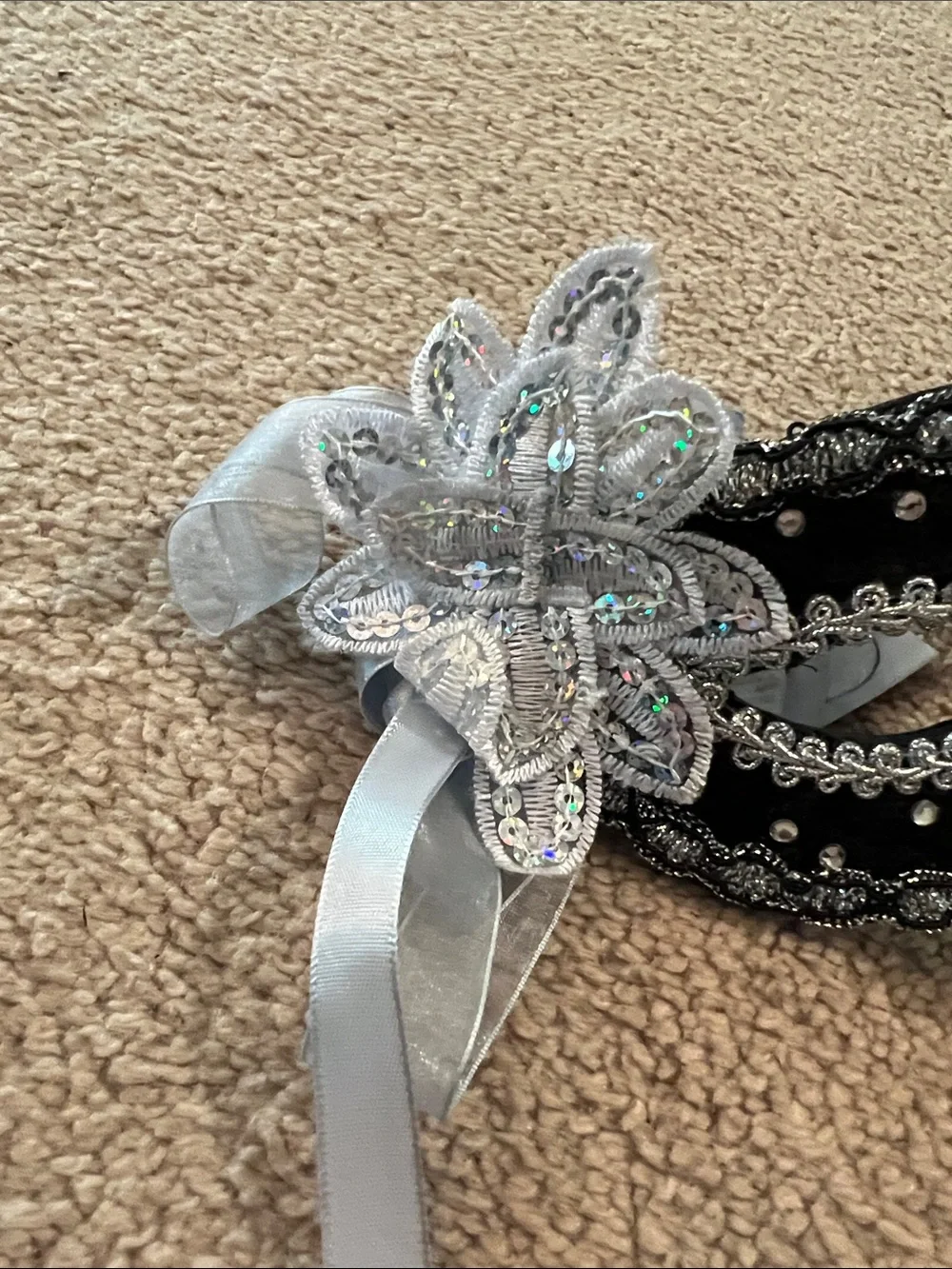 Black and Silver Beaded Masquerade Eye Mask with Ribbon Accent